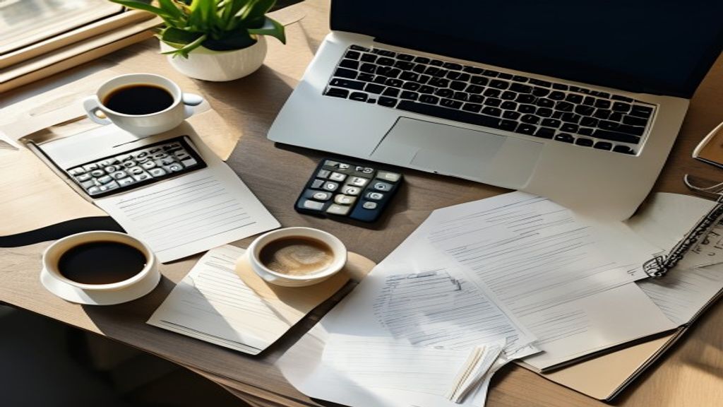 Desk with laptop showing an online storefront, receipts and a calculator