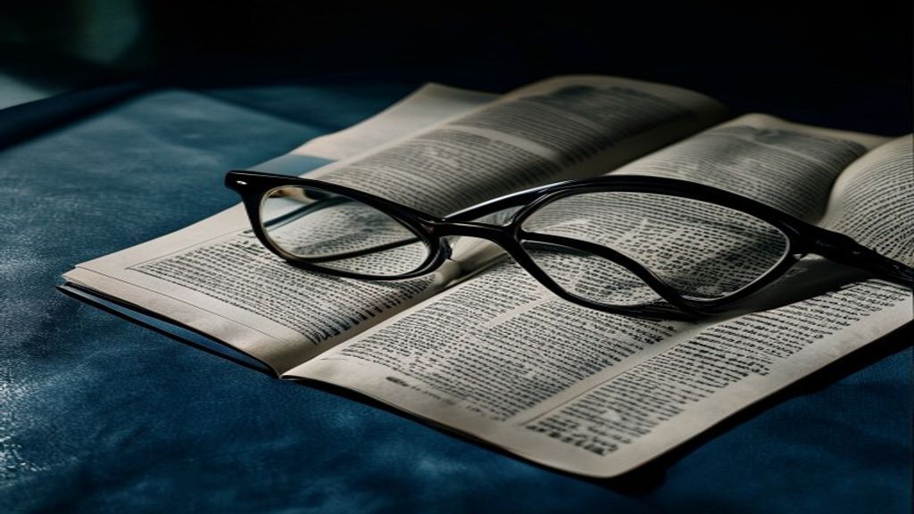 Financial newspaper pages and reading glasses on a dark table